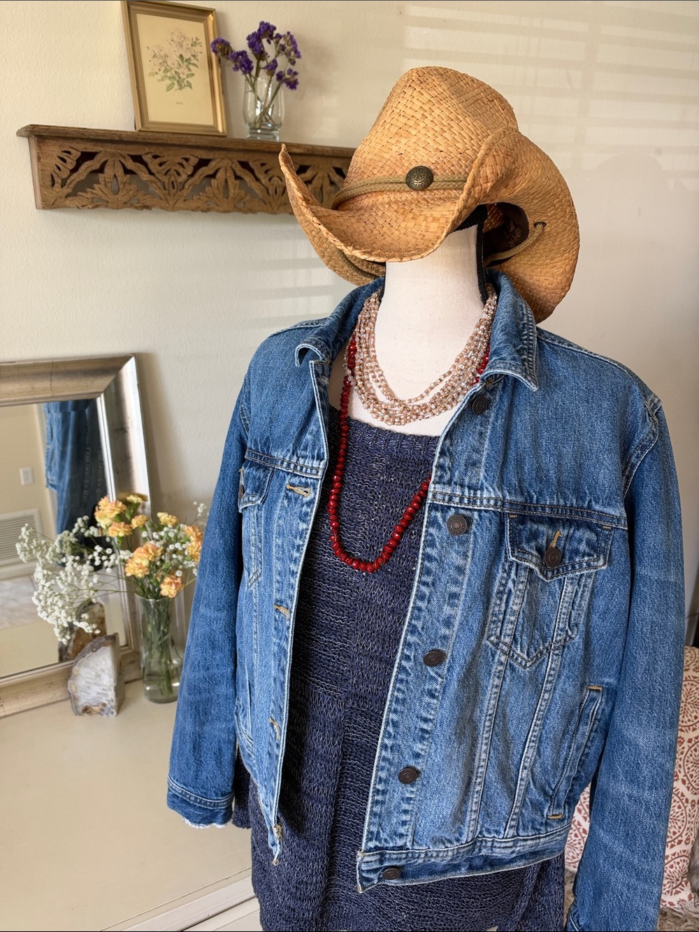Jones New York blue denim patchwork boho western cotton boatneck sweater L